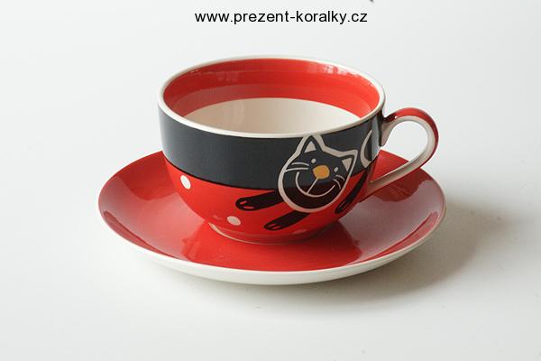 Porcelánový hrnek + podšálek červený - černá kočka
