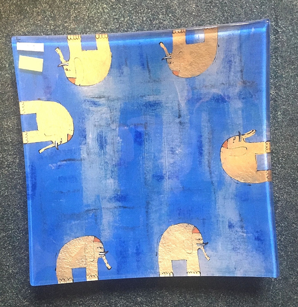 Skleněný tác modrý se slony 25 cm x 25 cm